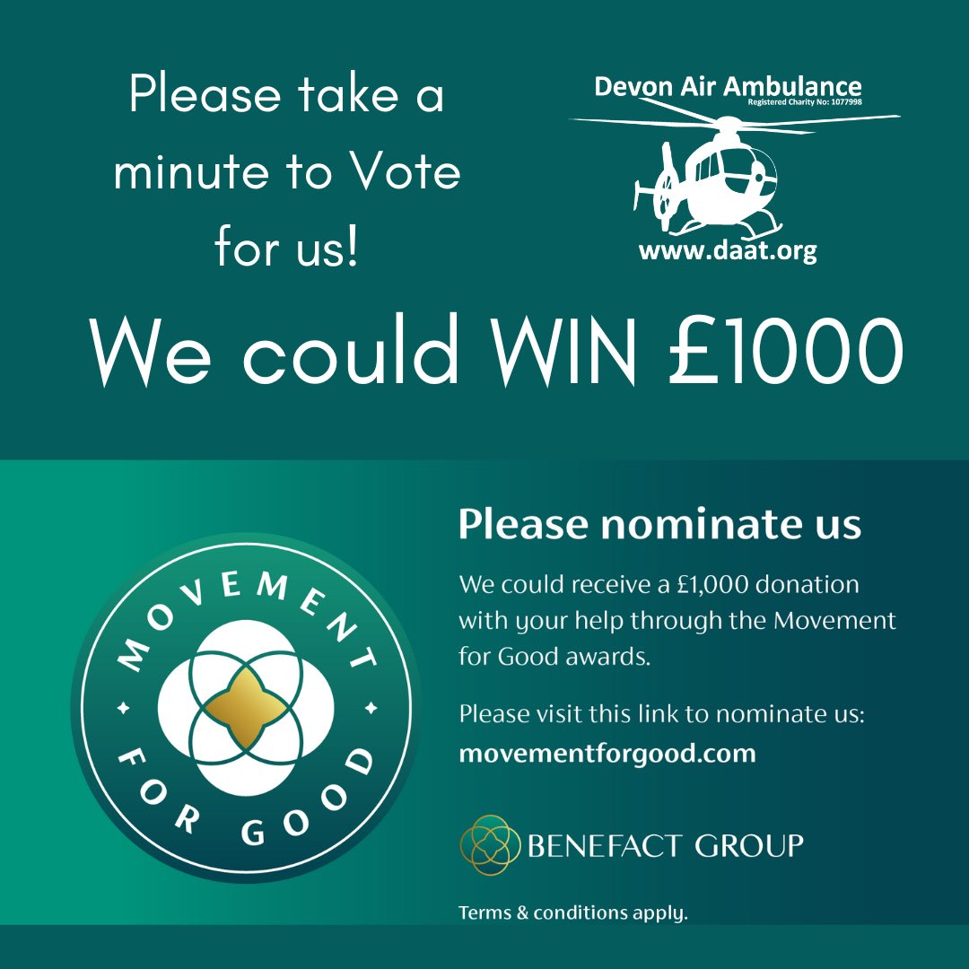 Please nominate us for a chance to win £1,000 as part of Benefact Group’s annual Movement for Good Awards! 

It’s quick and easy to nominate Devon Air Ambulance online and will take just a minute of your time: bit.ly/VOTEforDAA

Thank you for your support!