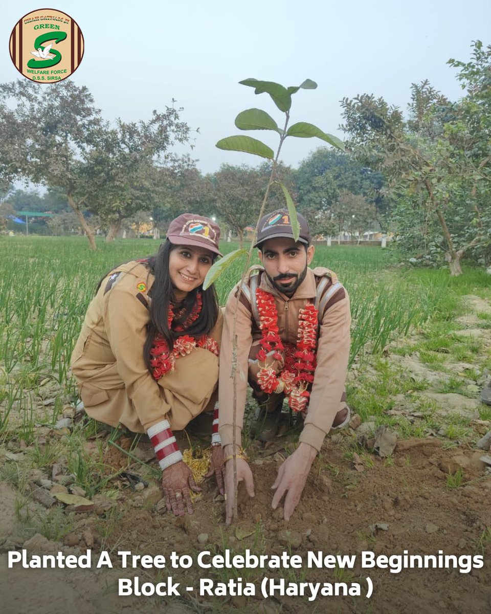 GreenSwelfares's tweet photo. Embracing new beginnings with a green heart! Shah Satnam Ji Green 'S' Welfare Force Wing volunteers celebrated a birthday with a pledge to the environment through tree plantation. Similarly, a newlywed couple marked the start of their life together with the same noble act, planting the seeds for a future as nurturing as nature itself. #CelebrationWithWelfare  #TreePlantation🌳 #DeraSachaSauda
