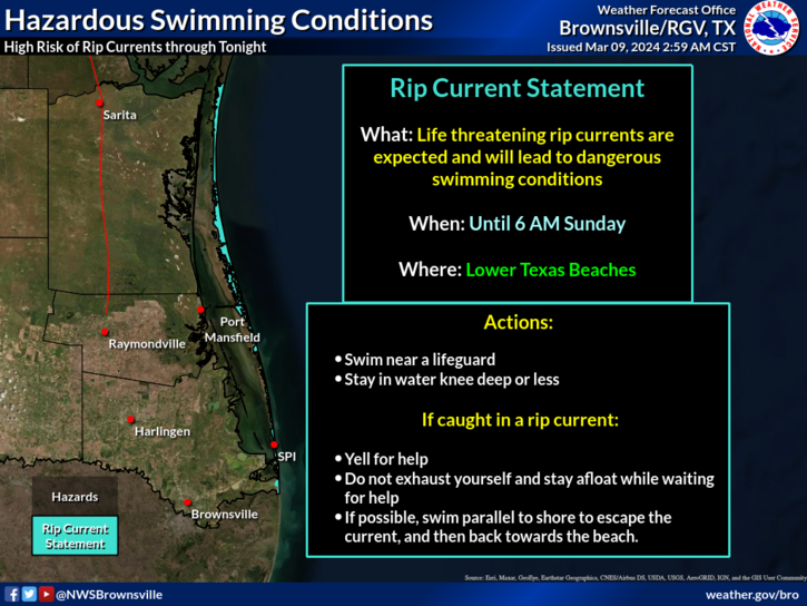 NWSBrownsville's tweet photo. There is a High Risk of rip currents at the local beaches until 6 am Sunday. Swim near a lifeguard. If caught in a rip current, relax and float. Don't swim against the current. #SPI #springbreakspi https://t.co/w1fFk4bCCI