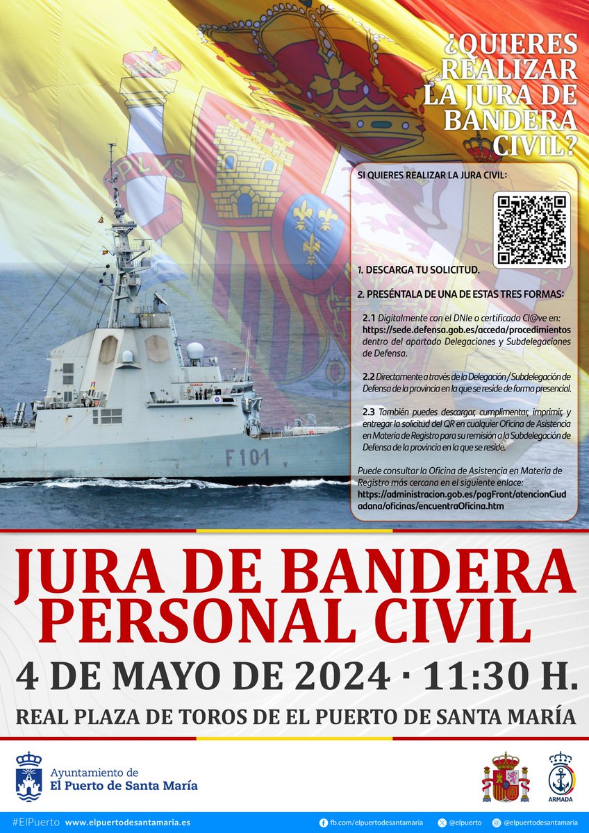 Armada_esp's tweet image. El próximo sábado 04 de mayo, el Cuartel General de la #Flota junto al Ayuntamiento de #ElPuertoDeSantaMaría organizan una #JuraDeBandera 🇪🇸 para personal civil. 
¡Aprovecha esta oportunidad!

Más información👇:
defensa.gob.es/defensa_yo/jur…

#SomosLaArmada🇪🇸⚓️