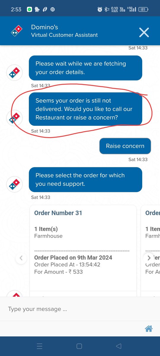 saketkumar0's tweet photo. @dominos @dominos_india I am raising this concern of fraudulent. I have ordered pizza at 1.54 pm from a nearby Domino's store. Not delivered till 2.33 pm and got at 2.45 pm. When I raised concern on Domino's app it showed that it was delivered at 2.18 pm. Pls Take action. https://t.co/QRfQjpPKFo