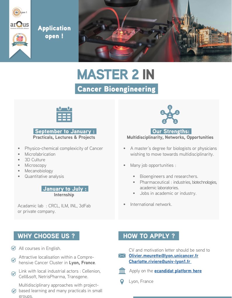 We are now recruiting students to join the Master 2 Cancer Bioengineering in Lyon. For biologists or physicians wishing to move towards interdisciplinarity. tinyurl.com/4mpxe57a Registrations now open : ecandidat.univ-lyon1.fr Do not hesitate to contact me for more info.