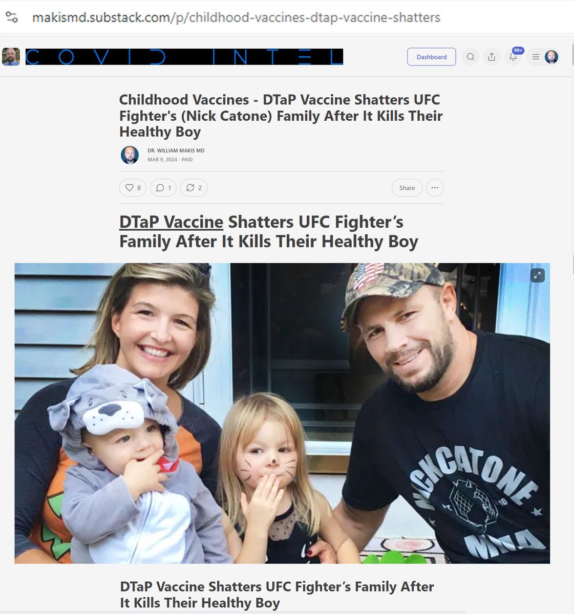 NEW ARTICLE: DTaP Vaccine Shatters UFC Fighter's (Nick Catone) Family After It Kills Their Healthy Boy

On Thursday May 11, 2017, UFC fighter Nick Catone tucked his healthy, beautiful little boy, Nicholas, into his crib to the sound of him saying, “Goodnight Daddy.” In the…