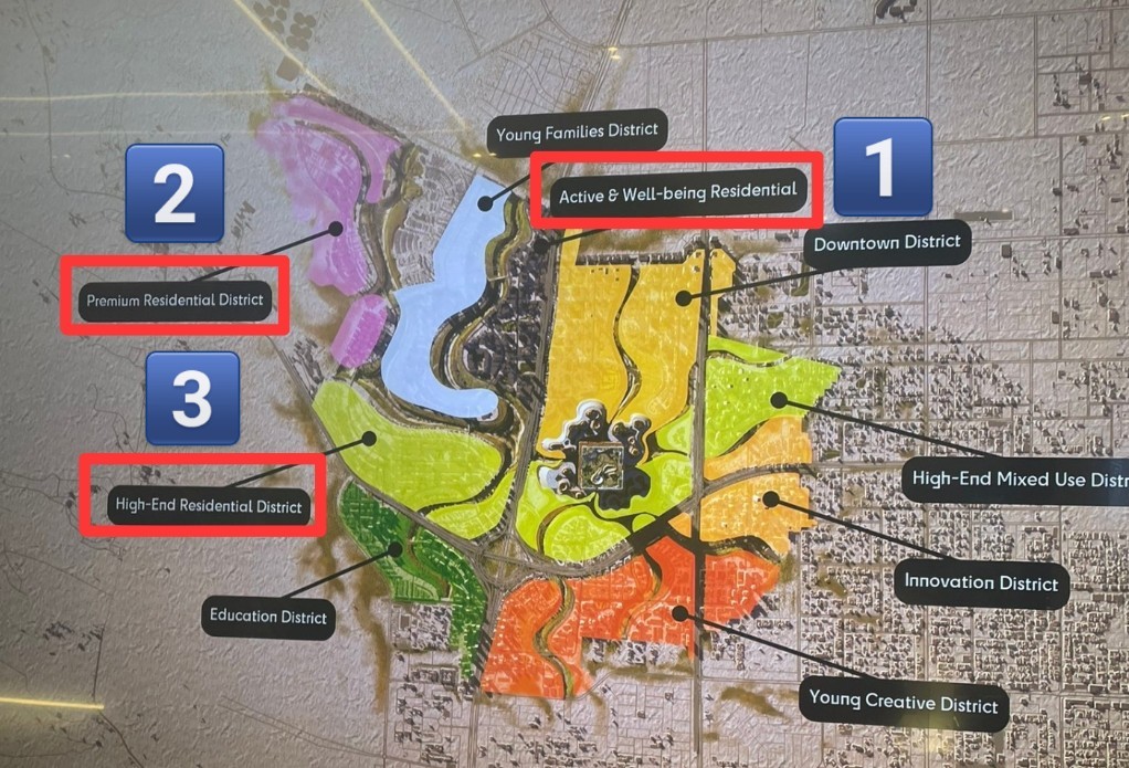 ▪️الصورة الأولى:
موقع مشروع شمس الرياض "الموقوف"

▪️الصورة الثانية:
 مواقع المناطق السكنية لمشروع المربع الجديد ويتضح التصنيف للمناطق السكنية لثلاث فئات1️⃣-2️⃣-3️⃣