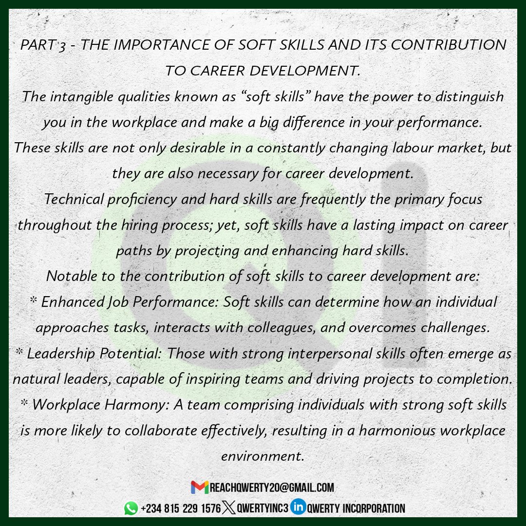"Technical proficiency and hard skills are frequently the primary focus throughout the hiring process; yet, soft skills have a lasting impact on career paths by projecting and enhancing hard skills." 
Part 4 loading... 🏃🏾‍♂️
#jobsearch 
#jobopportunity
