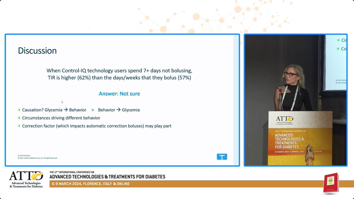 T1Bionic's tweet photo. @LaurelMesser Tandem found that 10% of people with #T1D using #ControlIQ had a one week period during which they did no boluses. They had better Time In Range with no boluses then when they bolused. @ATTDconf #ATTD2024 #DOC https://t.co/eUo6z5tM81