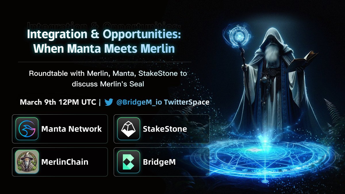 BridgeM_io's tweet photo. 🎉Join us for Twitter Space to discuss emerging opportunities on #MantaNetwork & #MerlinChain

⏲️Time: March 9th 12pm UTC 

🔥RT, Like this tweet to win $BDGM points 

Guest:
@Stake_Stone 
@MantaNetwork 
@MerlinLayer2 
@BridgeM

#AMA #Mantausdt #MantaPacific #Merlin #Merlinbox #BitcoinHalving