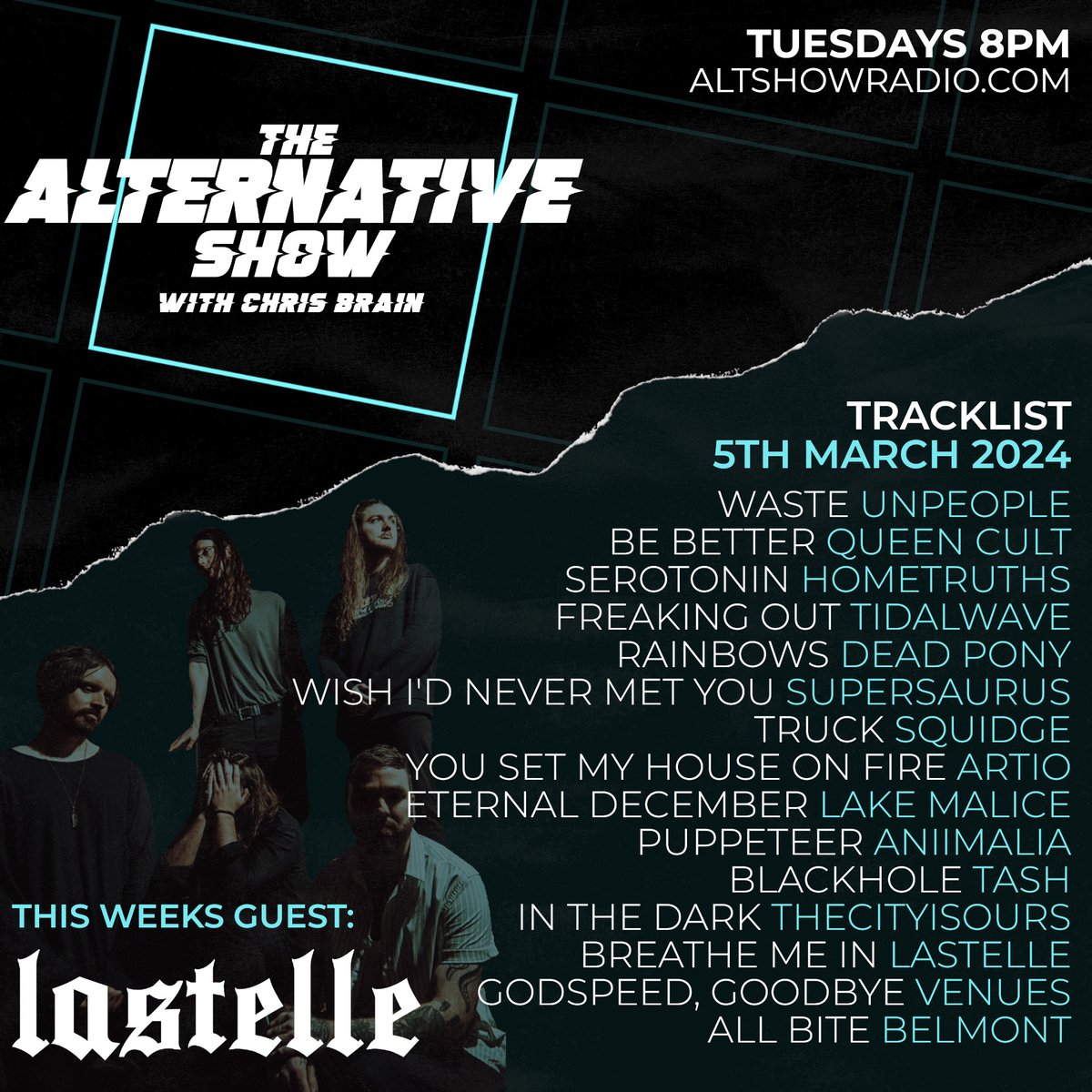 💥STREAMING NOW 👉 bit.ly/43ckb2N 💥 My guests this week are @lastelleband plus 🔥HOTTEST TRACK 🔥 from @lakemalice plus music from @weareunpeople @DeadPonyBand @superxsaurus @Artiomusic @THECITYISOURSUK and loads more! #alternative #emo #radio #posthardcore #metal