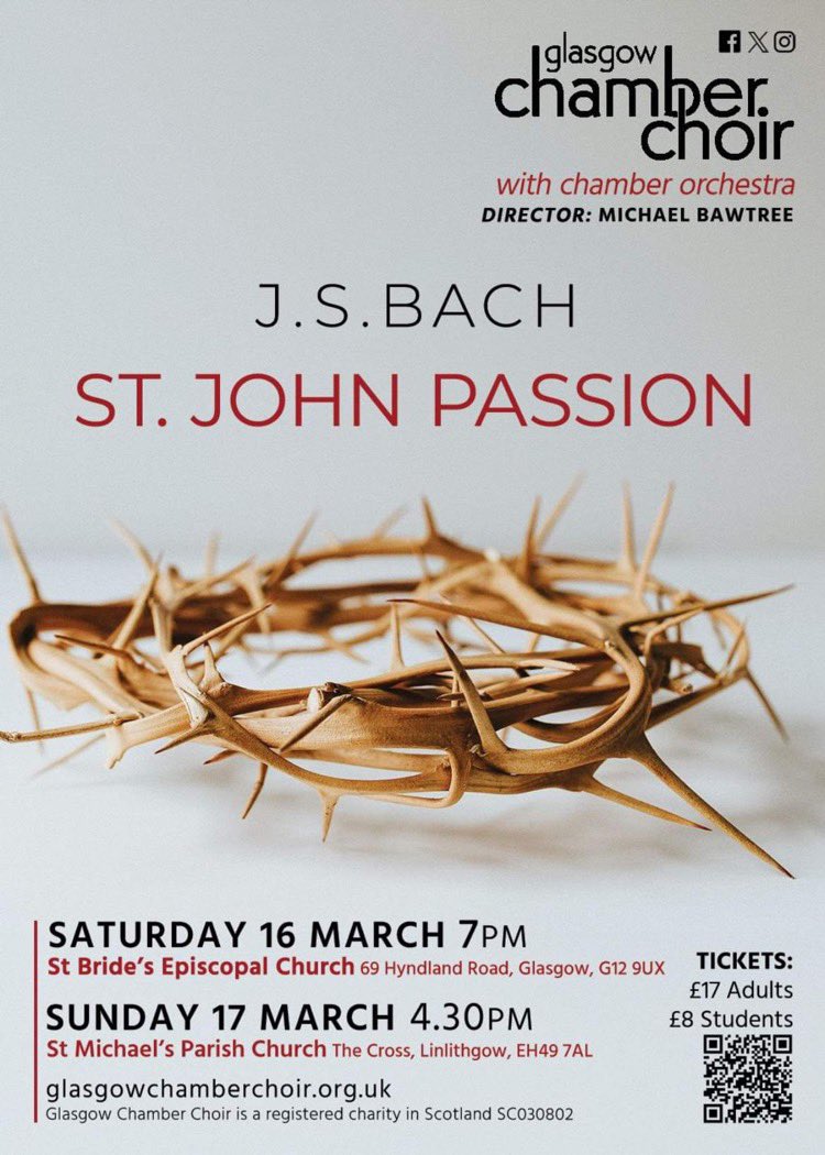 Next weekend we perform Bach’s St John Passion in Glasgow &amp; Linlithgow, with singers from <a href="/BachGlasgow/">Glasgow Bach Cantata Project</a> project joining us. 

Sat 16 March, 7pm - St Bride’s Episcopal Church, Hyndland
Sun 17 March, 4.30pm - St Michael’s Church, Linlithgow 

Tickets: glasgowchamberchoir.ticketlight.co.uk