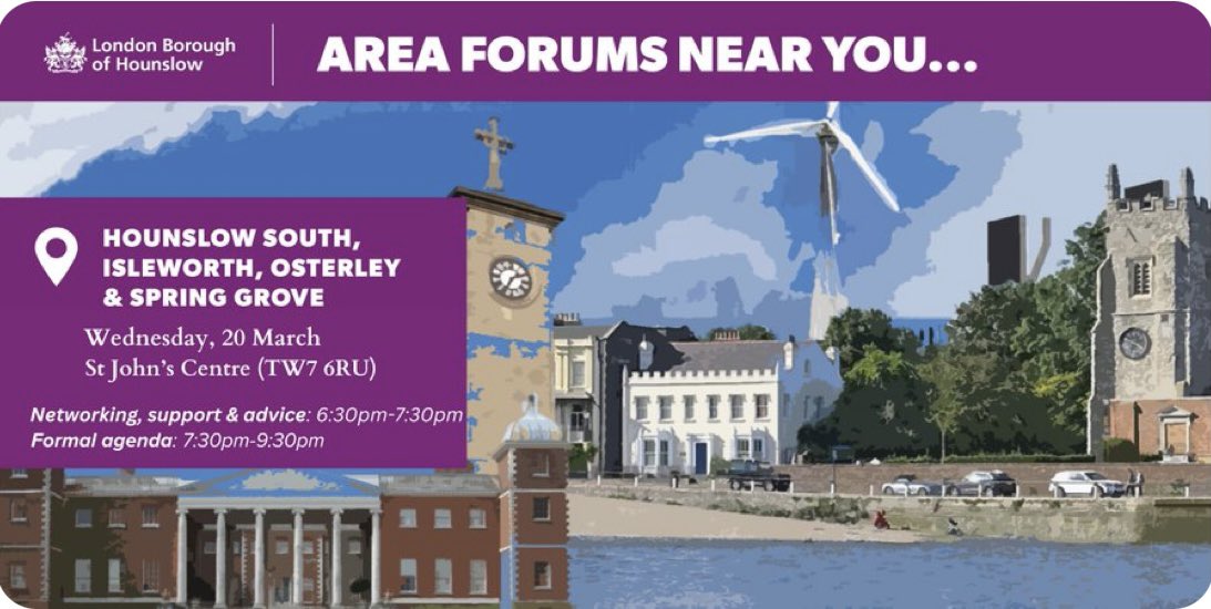 Date For Your Diary #Hounslow South, #Isleworth, #Osterley &amp; Spring Grove Area residents Your area Forum is on 20th March at St John's Centre in Isleworth
There's no sign up for this event - just pop along from 6:30pm to speak to your #councillors &amp; Council teams.