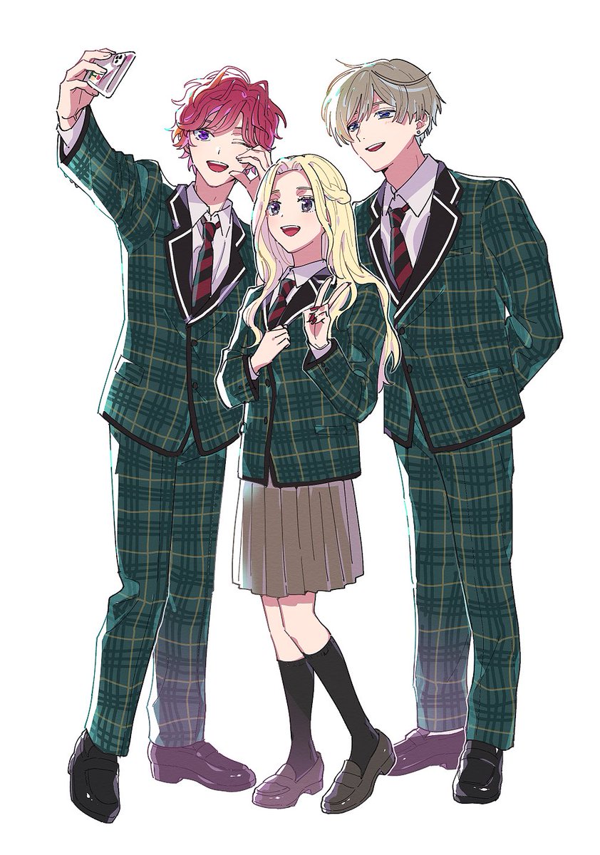 1girl plaid pants school uniform 2boys multiple boys blonde hair necktie  illustration images