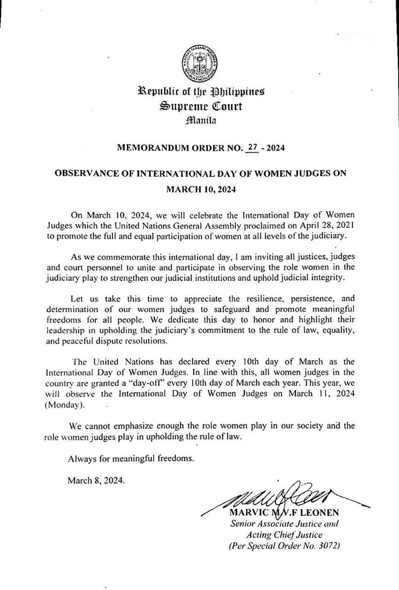 READ: Memorandum Order No. 27-2024 issued by Acting Chief Justice Marvic M.V.F. Leonen on the Observance of International Day of Women Judges on March 10, 2024