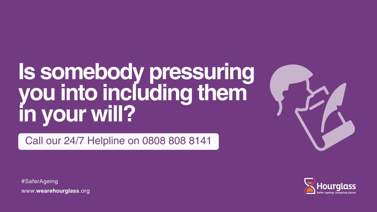 Is somebody pressuring you to include them in your will?

If you need help, you can always call our 24/7 helpline for free on 0808 808 8141 ☎️