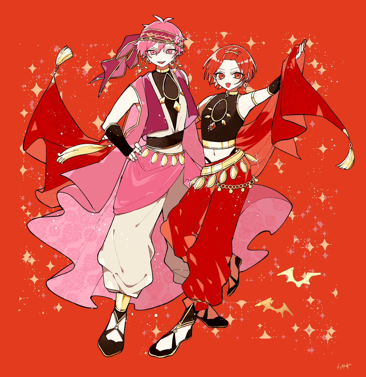 2boys multiple boys pink hair male focus jewelry red eyes red hair  illustration images