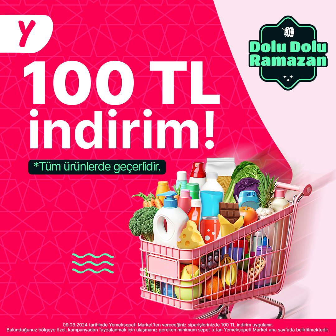 Dolu Dolu Ramazan fırsatlarıyla evinin eksiklerini tazele!💕 Bugüne özel 100 TL indirim Yemeksepeti Market'te seni bekliyor.🎊 Sipariş ver: ymk.st/marketrmzn100t…