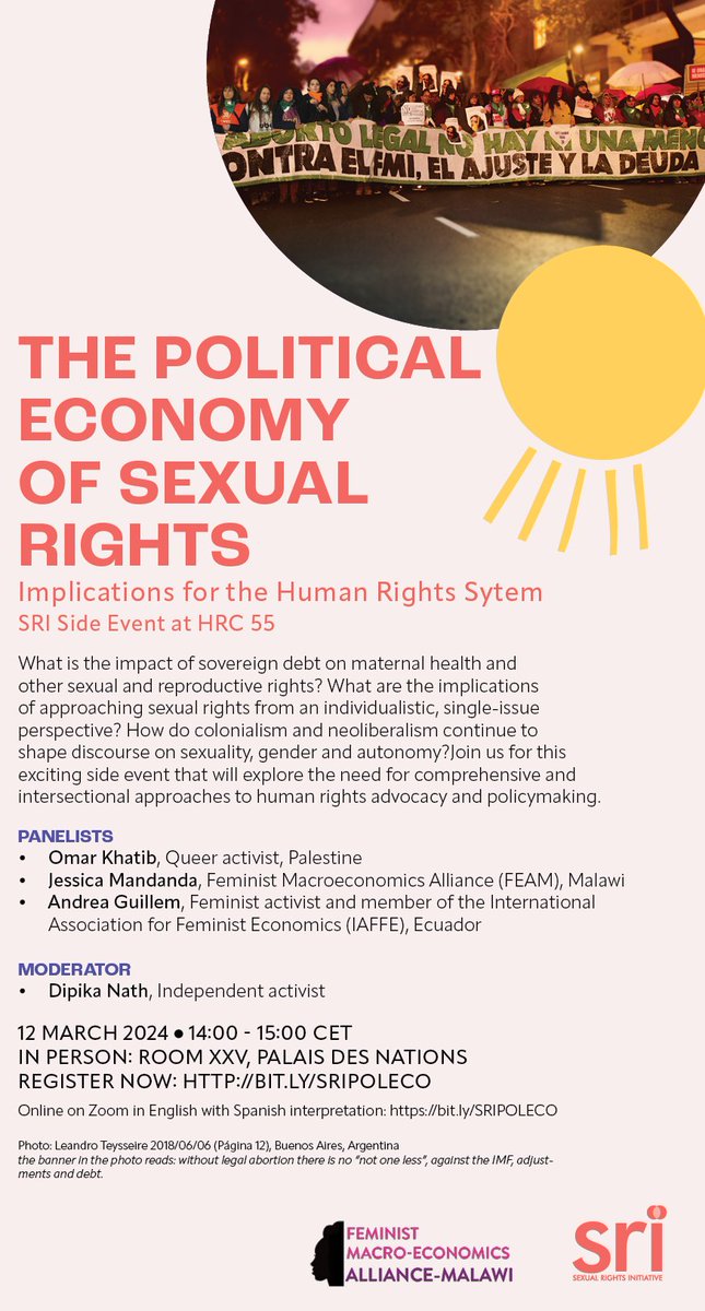 Excited to join @SexualRights for this side event where
I will be sharing on the intersectional nature of the impact of the neoliberalism on access to SRHR drawing from @FEAM_Malawi submitted shadow report to the CEDAW Committee. 

Join the discussion bit.ly/SRIPOLECO