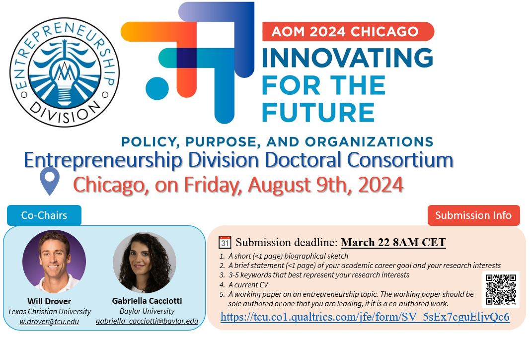 📢[Call for applications] Apply now for the AOM ENT Division Doctoral Consortium in Chicago, on Friday, August 9th, 2024🚀

📆Deadline for all applications: March 22 8AM CET

👉Application Procedure: complete the electronic form using the following URL: lnkd.in/ePvdq-YM