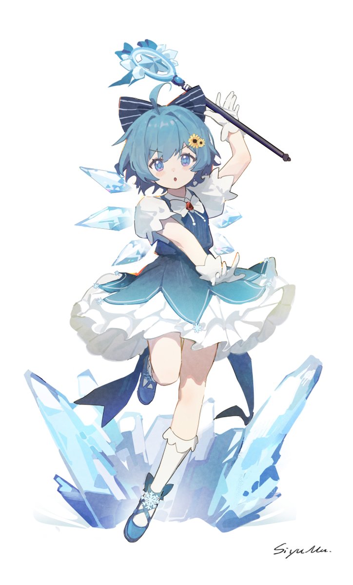 cirno 1girl solo blue hair blue footwear blue eyes ice dress  illustration images