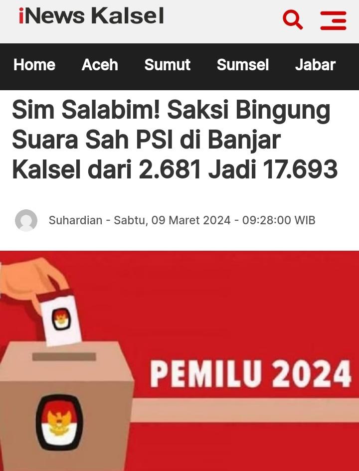 ch_chotimah2's tweet photo. Ini bukan Sirekap lagi tp hasil rekapitulasi KPU tingkat provinsi di Kalimantan Selatan.

Waspada, Ini bisa juga terjadi di daerah lain.
Tolong @KPU_ID lebih teliti lg, jangan bikin rakyat marah.

Sim Salabim! Saksi Bingung Suara Sah PSI di Banjar Kalsel dari 2.681 Jadi 17.693.
https://t.co/Oyj2TDE1ro