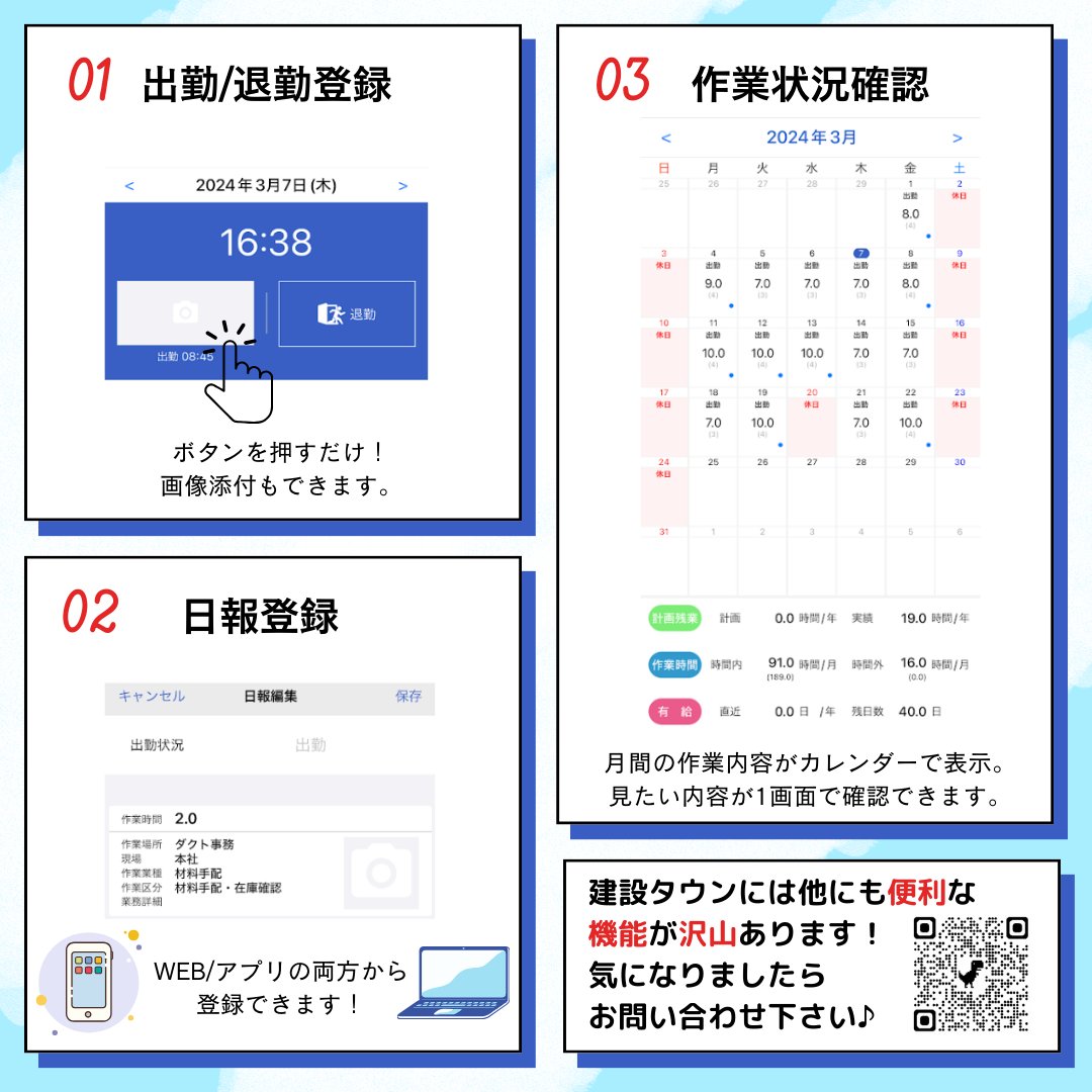 kensetsu_town's tweet photo. #勤怠管理 のために #何かシステム の導入はされましたか？
建設タウンには経営管理の #機能 がたくさんありますが、今回は #勤怠、#日報管理 の機能をご紹介します！
①出勤/退勤時間をアプリで簡単登録
②#作業日報 から #予算管理 と #給与計算 は #API連携
③#作業日報 をカレンダー表示で全体把握 https://t.co/Ehdcoe6ycV