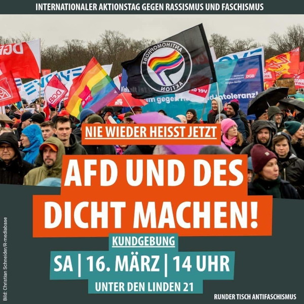 "Nie wieder" heißt jetzt der AfD entschieden entgegentreten!
Kundgebung gegen AfD und parteinahe Stiftung Desiderius Erasmus. Am 16. März um 14 Uhr in Berlin - Unter den Linden 21
Kundgebung des "Runder Tisch Antifaschismus" Berlin
#worldagainstracism 
#noafd