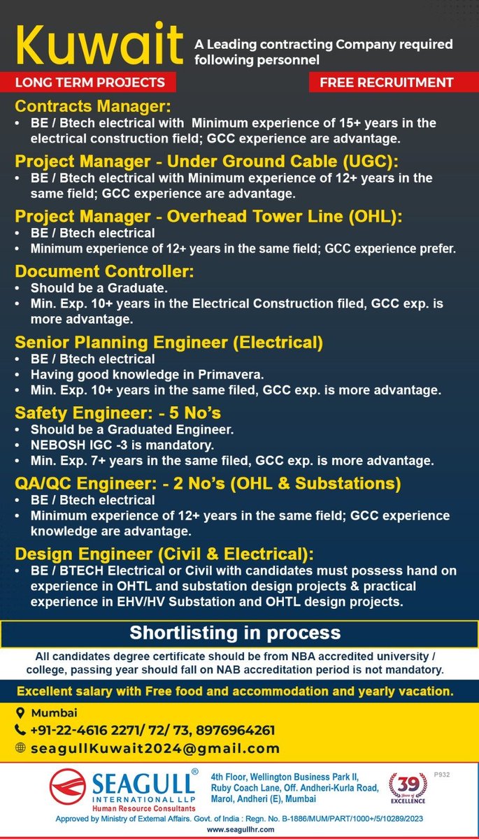 hrd1_seagull's tweet image. 🇰🇼Kuwait Jobs 
✔Free Recruitment - Long Term Project
📝Shortlisting In Progress
📍Location - Mumbai
.
.
.
#kuwaitjobs #seagull #contractsmanager #projectmanager #documentcontroller #seniorplanningengineer #safetyengineer #qaqcengineer #designengineer
