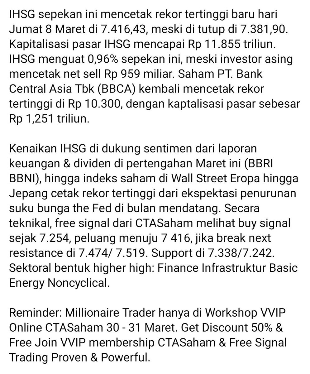 andri_zakarias's tweet photo. IHSG sepekan ini mencetak rekor tertinggi baru hari Jumat 8 Maret di 7.416,43, meski di tutup di 7.381,90.
#ctasaham
#chartctasaham
#IDX
#saham
#IHSG
#dividen
#BBCA
#BBRI
#BBNI
#MAYA
#MSKY
#TINS
#finance
#belajarsaham
#workshopctasaham
#trading
#tradingsaham
#rekomendasisaham https://t.co/gLdRDTfryL