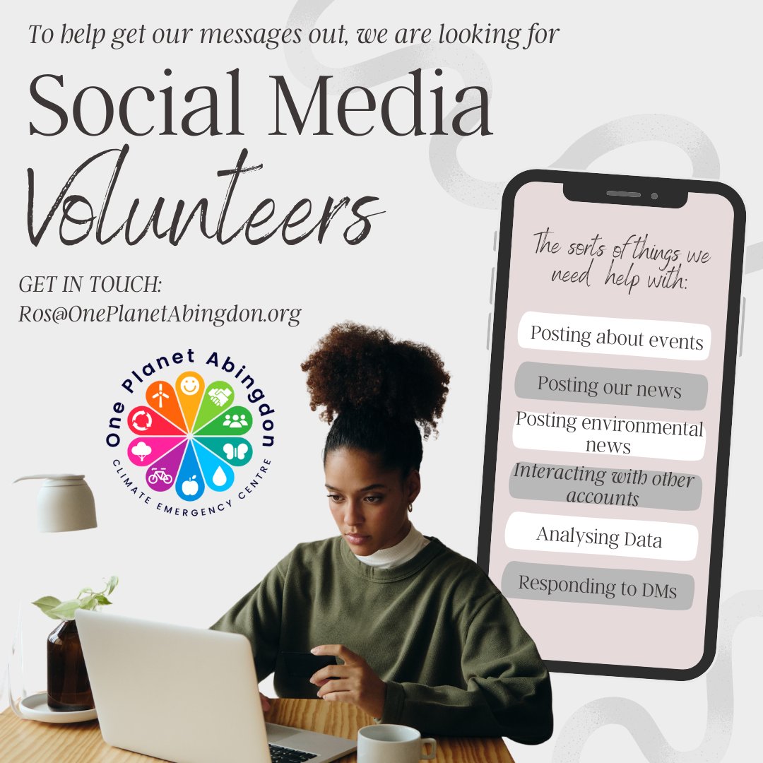 Do you have any Social Media skills? We are looking for Social Media volunteers to help us get our messages out. Any help you can provide would be very welcome. If you'd like to know more email Ros - Ros@OnePlanetAbingdon.org
