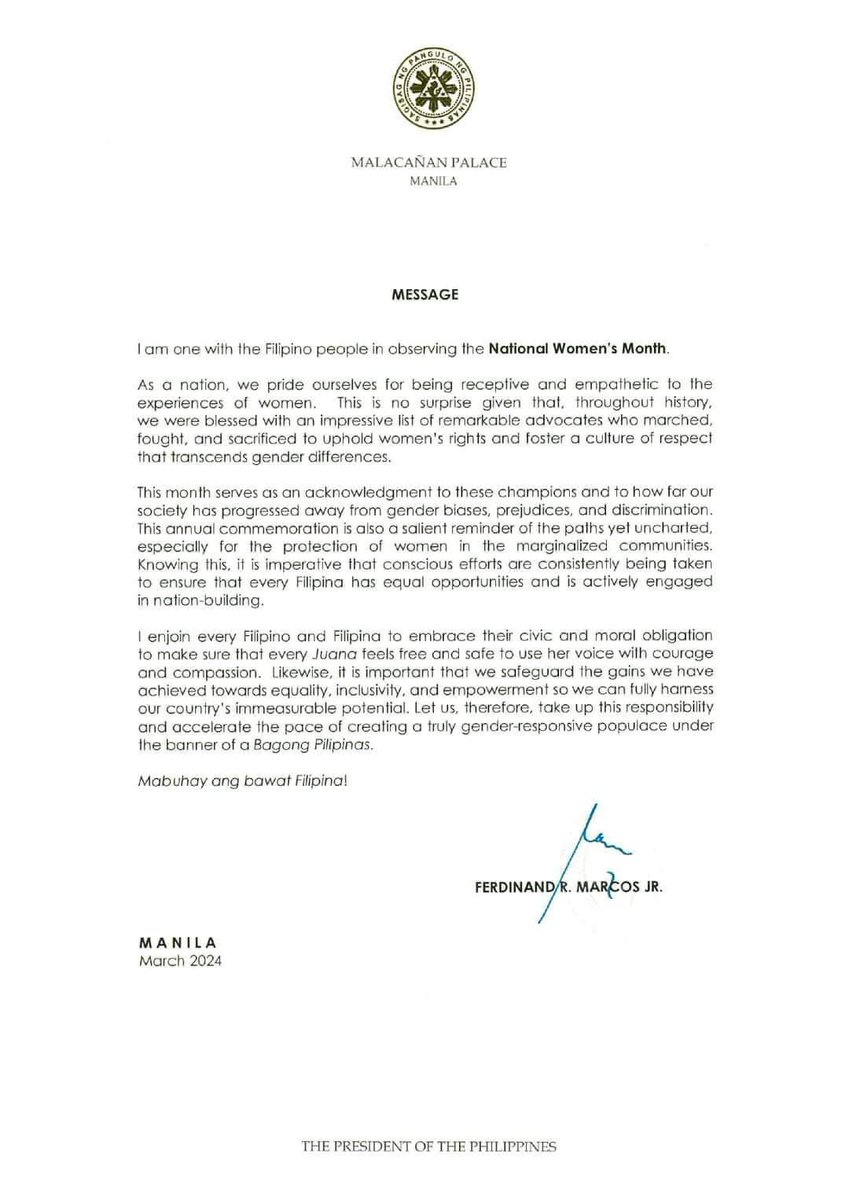 PhinLibya's tweet photo. 𝐑𝐄𝐀𝐃: Message of President Ferdinand Romualdez Marcos, Jr. on the observance of National Women’s Month ♀️

---------

𝐁𝐀𝐒𝐀𝐇𝐈𝐍: Mensahe ni Pangulong Ferdinand Romualdez Marcos, Jr. sa paggunita ng Buwan ng Kababaihan ♀️ https://t.co/KU5PKXk8U0