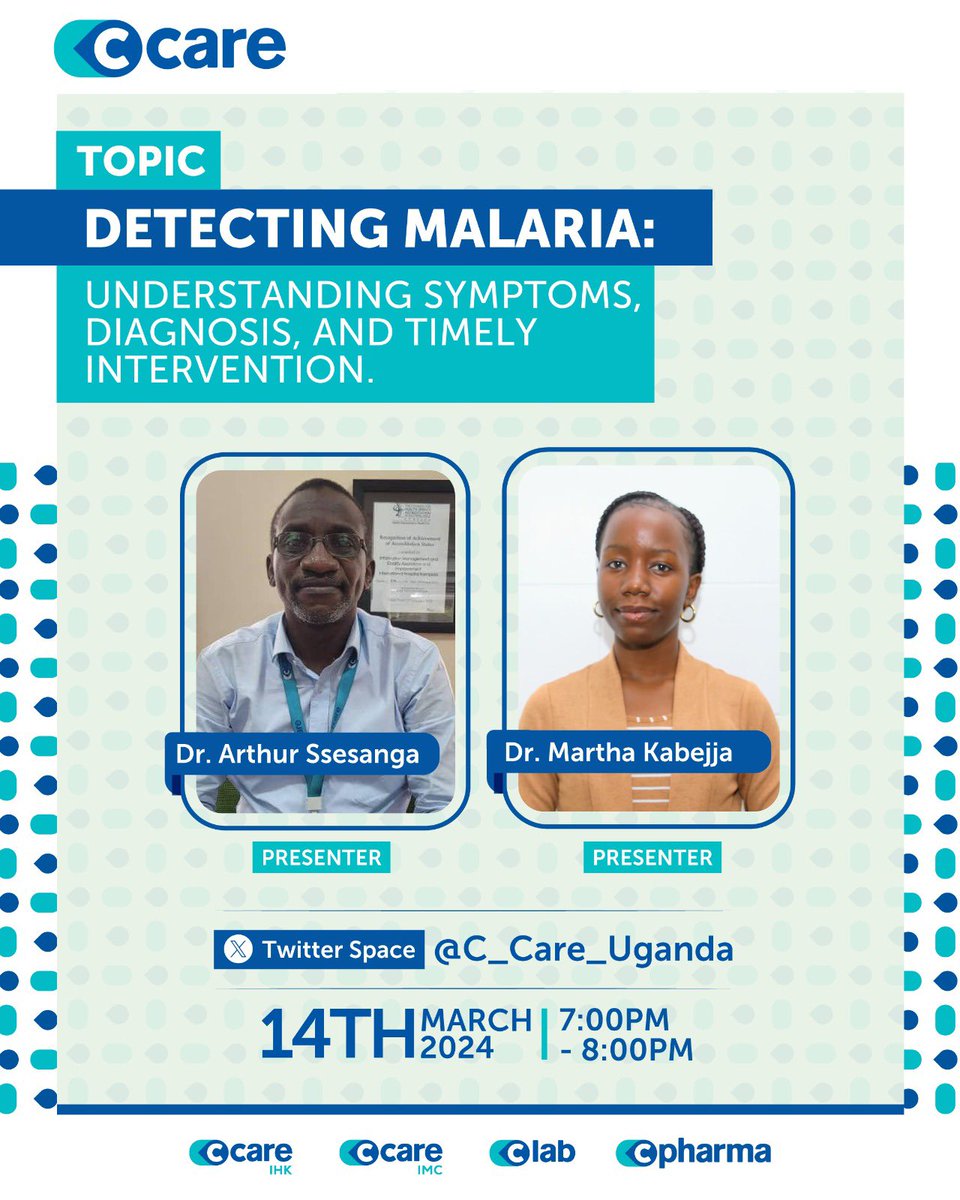 Join our specialists, Drs. Arthur Ssesanga and Martha Kabejja for an X Space discussion, on the symptoms, treatment and prevention of malaria. 📆 14th March ⏰7:00-8:00pm 📍@C_Care_Uganda Don’t Miss! Follow the conversation 👇#CCareSpaces