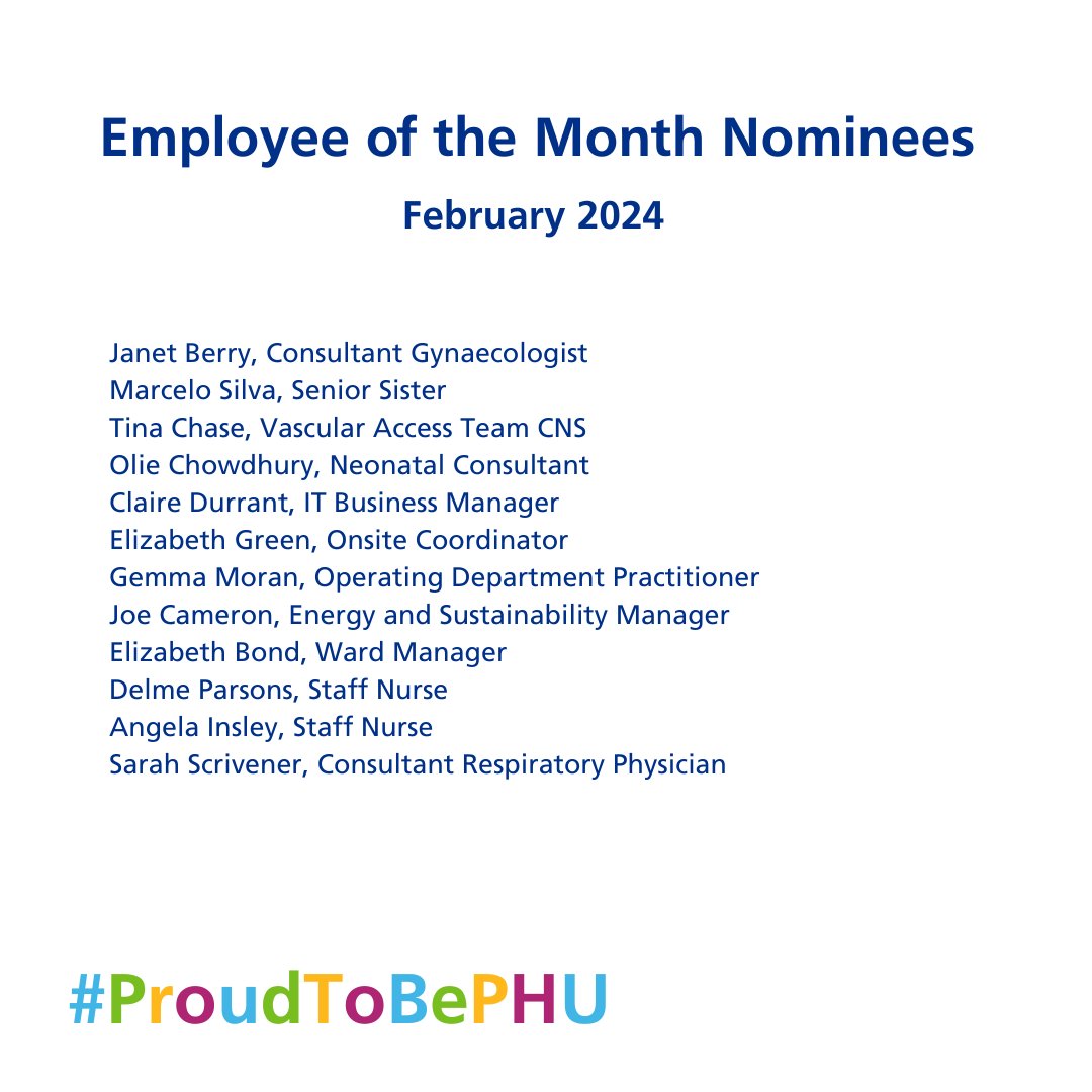 Congratulations to everyone nominated for our monthly staff awards in February! Tag your friends and colleagues if you spot their names 💙 If you'd like to nominate an individual or team, please fill out this online form 👇 forms.office.com/e/ZyHwbnSxFi #ProudToBePHU