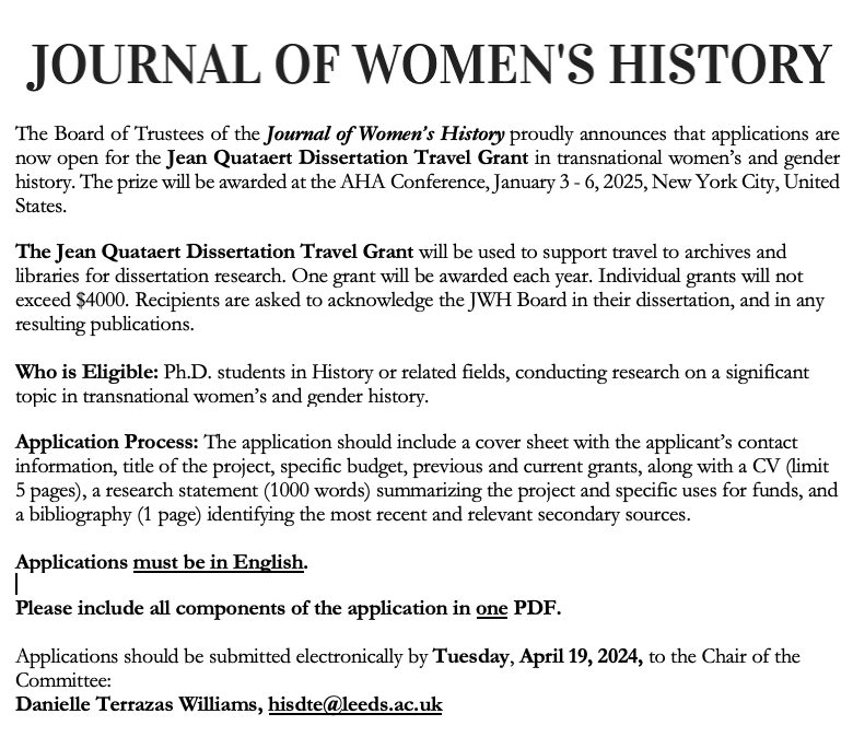 Dissertation Research Travel Grant! The Journal of Women's History proudly announces the 2024 Jean Quataert Dissertation Travel Grant for those researching transnational women's and gender history. Please see application details below 👇🏾