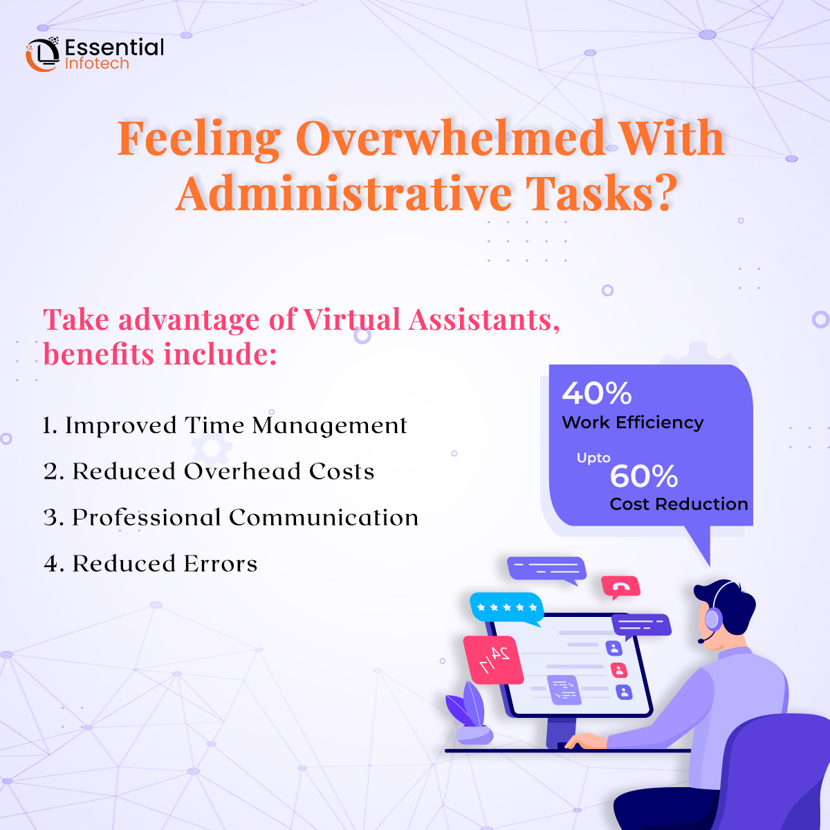 Administrative tasks are often repetitive but essential for keeping a business running smoothly. #EssentialInfotech #VirtualAssistance #AdministrativeTask #outsourcing #bpo