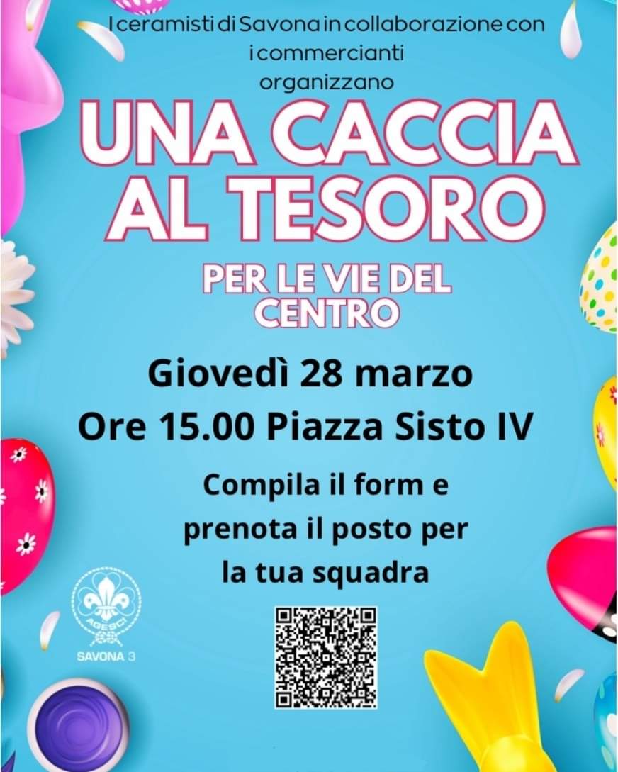 <a href="/ConfartiSv/">Confartigianato SV</a> <a href="/ElisaDiPadova/">Elisa Di Padova</a> 
📣 28.3
#artigiani e #commercianti savonesi organizzano una 𝓒𝓪𝓬𝓬𝓲𝓪 𝓪𝓵 𝓽𝓮𝓼𝓸𝓻𝓸 🎁 con  #agescisavona3 i savonesi dovranno aiutare il coniglio 🐰 a trovare le uova perdute
Per partecipare  iscriversi su: forms.office.com/Pages/Response…
🕵