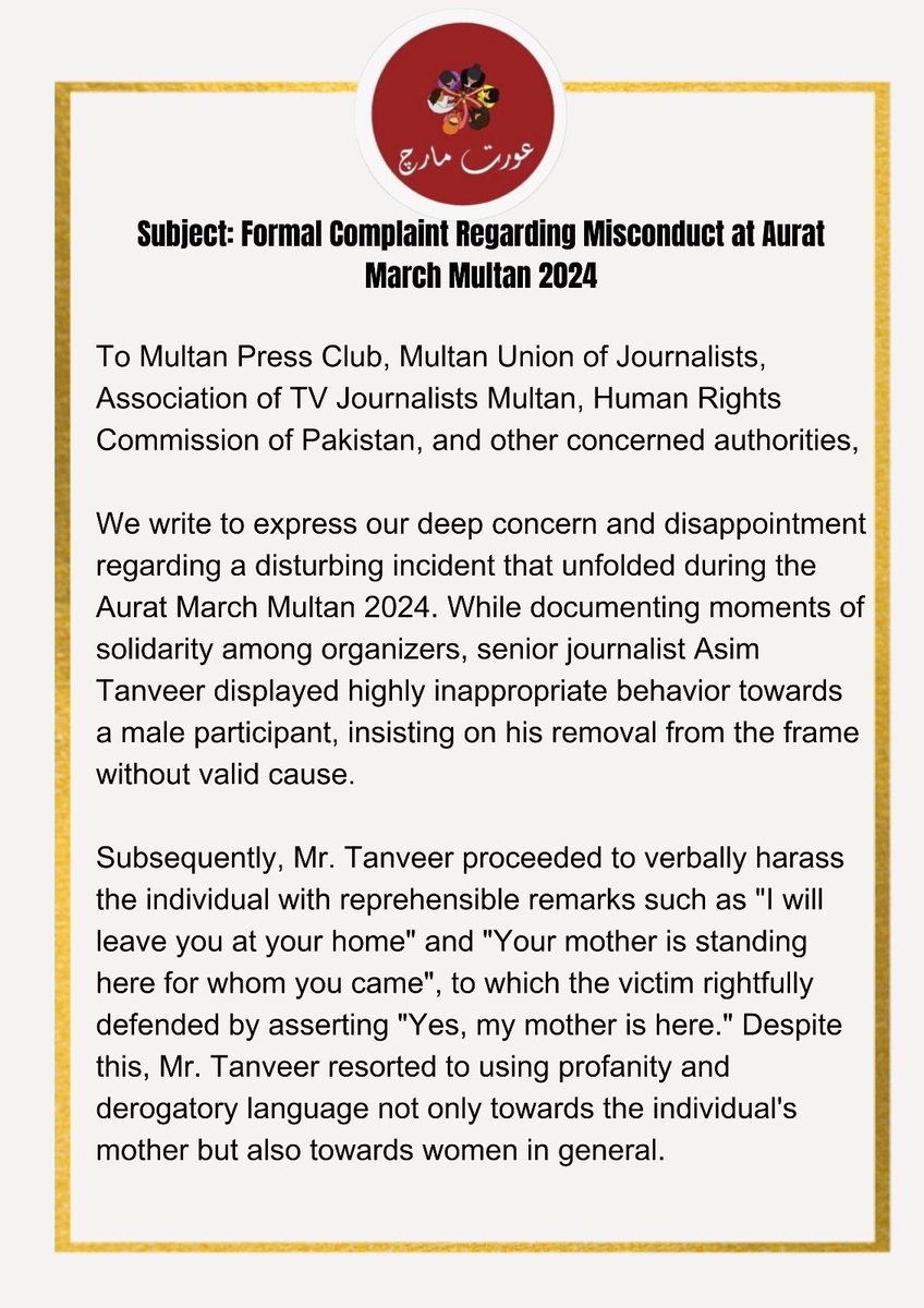 AuratMarchMultn's tweet photo. Aurat March Multan Official Statement: Condemning Unjust Actions by Journalists https://t.co/q3q2BSxUsK