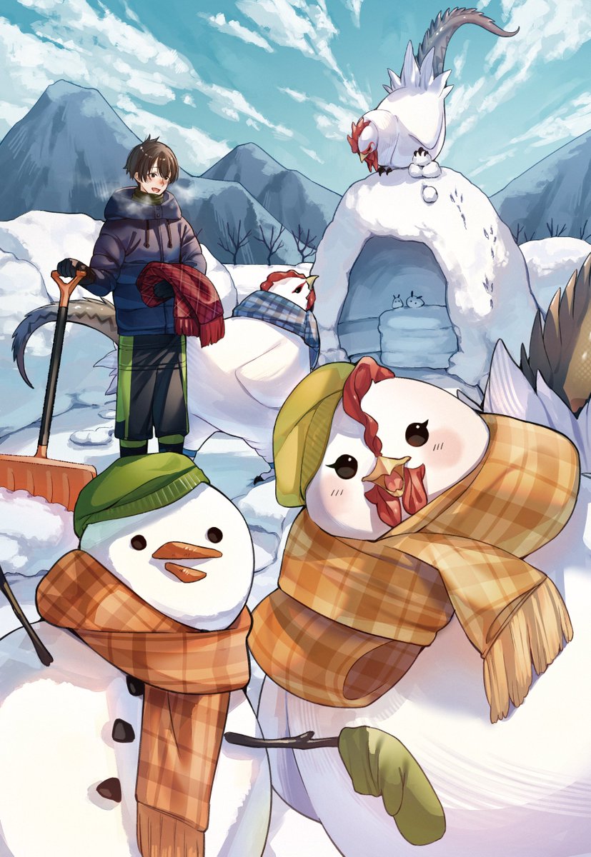 snowman scarf outdoors snow 1boy sky mountain  illustration images