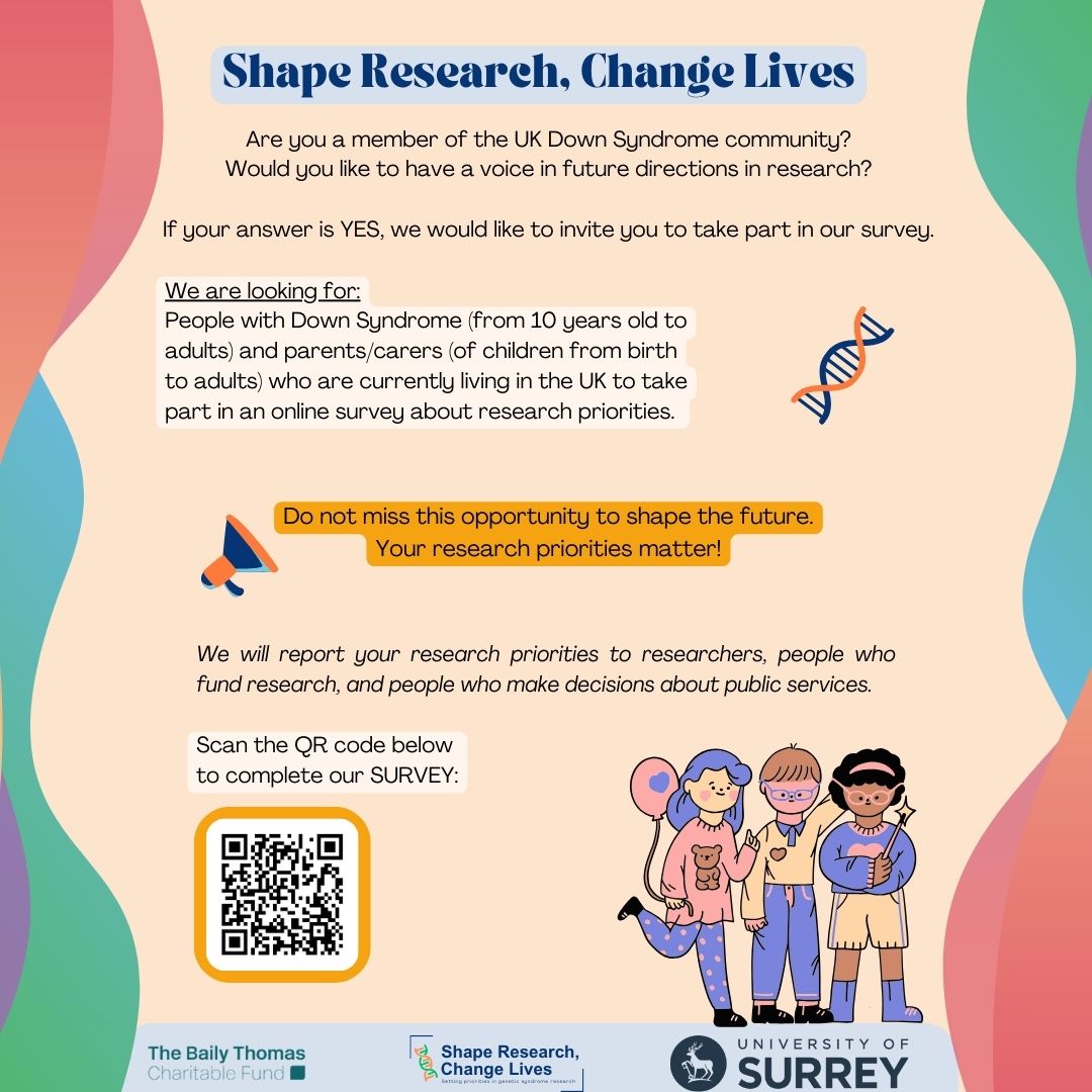 A team from the University of Surrey want to know what people who have Down's syndrome think researchers should be working on. If you are 10+ years old & want to have your say on future research priorities, they would love to hear from you: loom.ly/TL1Gyxs 1/2