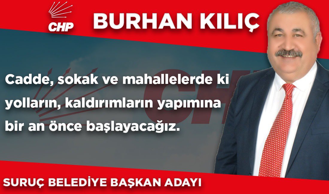 Bizim belediyeciliğimizde, temiz bir kent anlayışıyla, cadde ve sokak yollarının bir an önce düzeltilmesi ve ilçemizi çamurdan, tozdan, pislikten kurtarmak için seferberlik ilan edeceğiz. 

Artık yeter ! SURUÇ için değişim vakti.
<a href="/MTanal/">Av.Mahmut TANAL</a> <a href="/sanliurfa_chp/">Cumhuriyet Halk Partisi Şanlıurfa İl Başkanlığı</a> <a href="/herkesicinCHP/">CHP 🇹🇷</a>