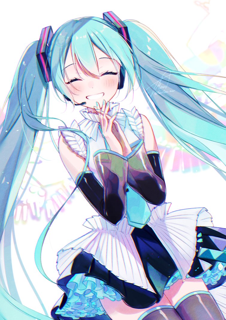 hatsune miku 1girl solo twintails long hair thighhighs smile detached sleeves  illustration images