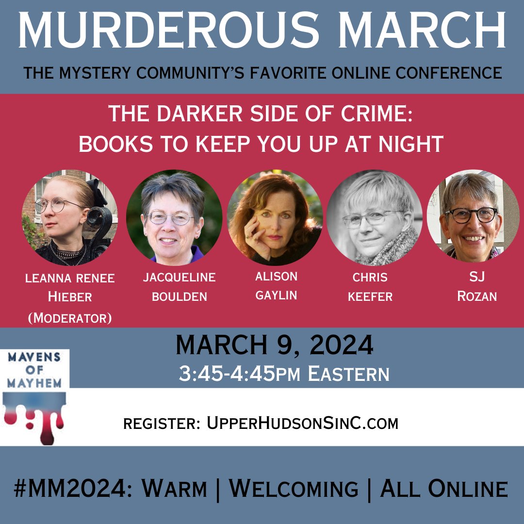 #Saturday upperhudsonsinc.com/event/murderou… | @tdbwrites @Leannarenee @jbmultimedia @alisongaylin @SJRozan @mwanewyork @NYSinC @SinCConnecticut @TorBooks @KensingtonBooks #CrimeFiction