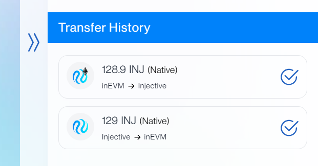 hyperlane系列——Injective + inEVM
1、交易所购买130个inj，提到keplr钱包；
2、将inj从keplr钱包跨到小狐狸钱包inEVM链；
3、将inj从小狐狸钱包跨到keplr钱包；
（以上务必留一些inj做gas）
另：eth主网和inEVM互跨，有钱的逼也可以搞搞。

桥：bridge.inevm.com