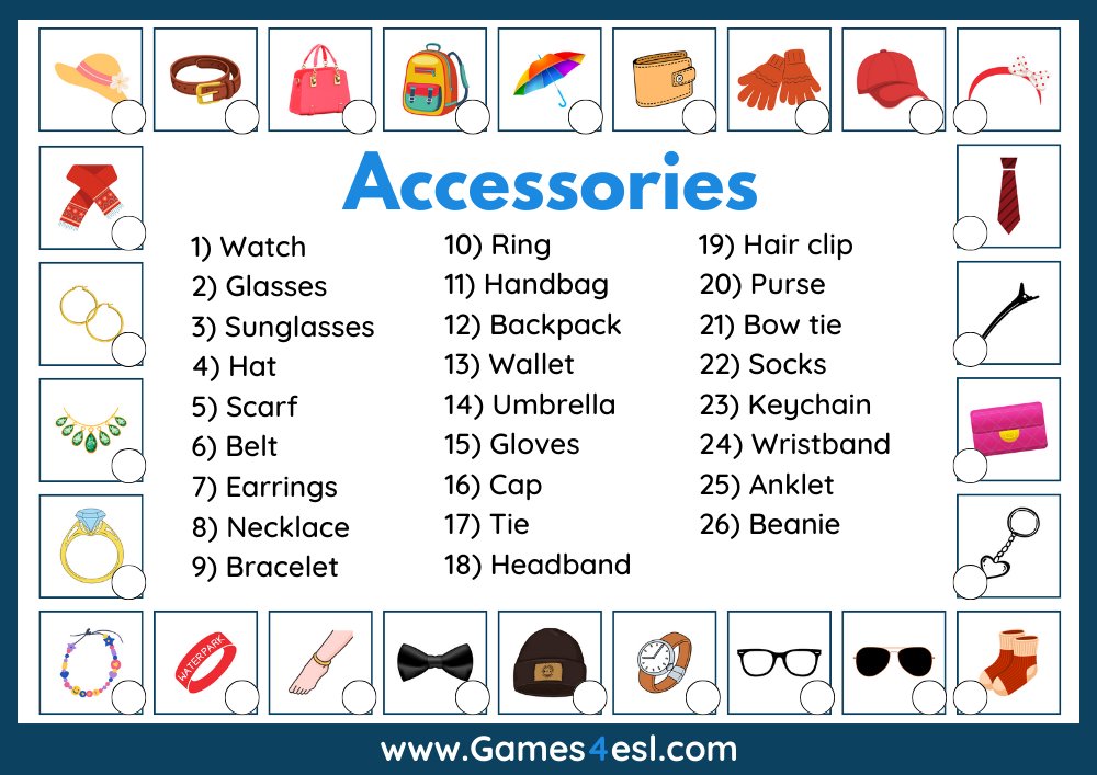 Learn the names of accessories in English with this list of Accessories. games4esl.com/accessories-li…