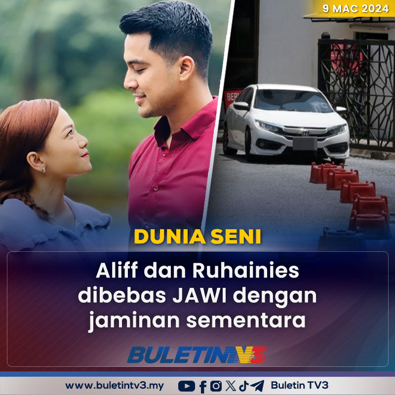 BuletinTV3's tweet photo. DUNIA SENI | Pelakon, Aliff Aziz dan Ruhainies dibebaskan dengan jaminan sementara menanti pendakwaan pada satu tarikh lain selepas ditahan kerana dipercayai berkhalwat malam tadi. https://t.co/WDCNBECwBI