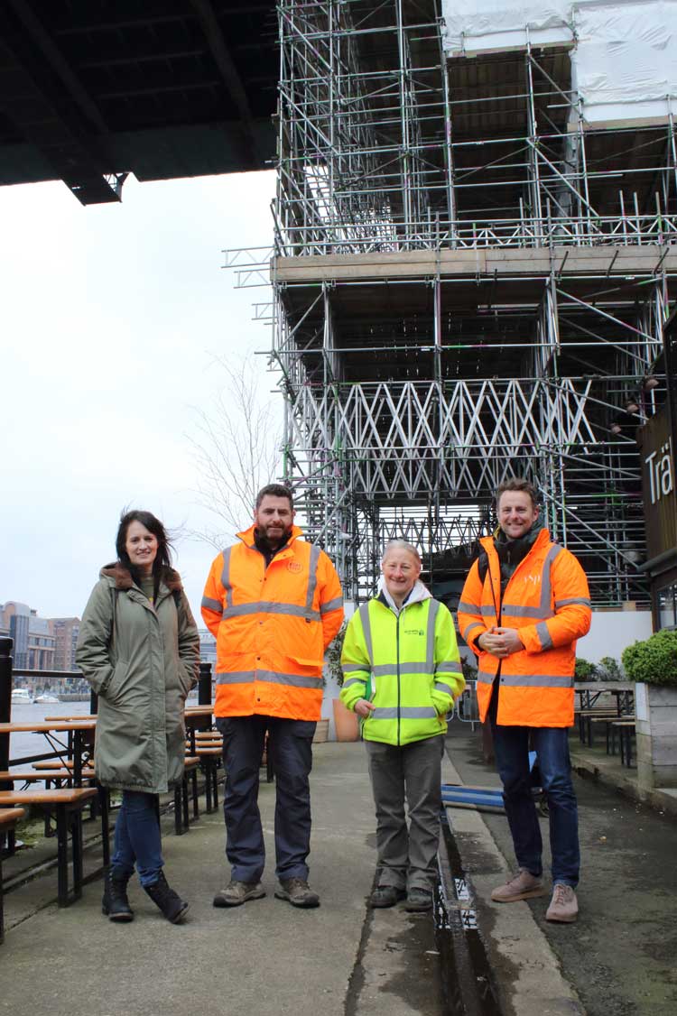 Friday, 8 March 2024. Attended at Newcastle to discuss kittiwakes, ‘hotels’ and the Tyne Bridge works. There were 9 of us. A site visit followed beside the S abutment (Photo: by @DanT_Coast: from left: Helen (TKP), Jonathan (Esh), Heather (City Engineer), Pete (WSP Ecology).