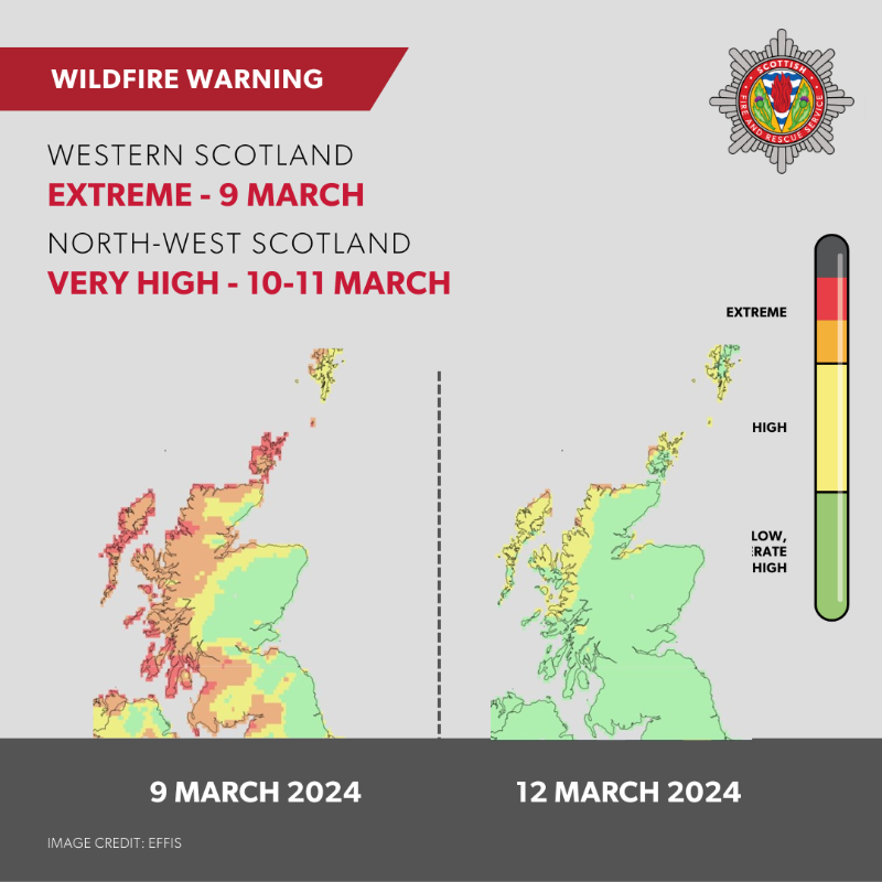 fire_scot's tweet photo. ⚠️ An extreme risk of wildfire is in place across island and coastal areas in the west and north of Scotland today ⚠️

The warning continues with a very high rating until Monday.

People who live within or who enter these areas should exercise caution and avoid naked flames.
