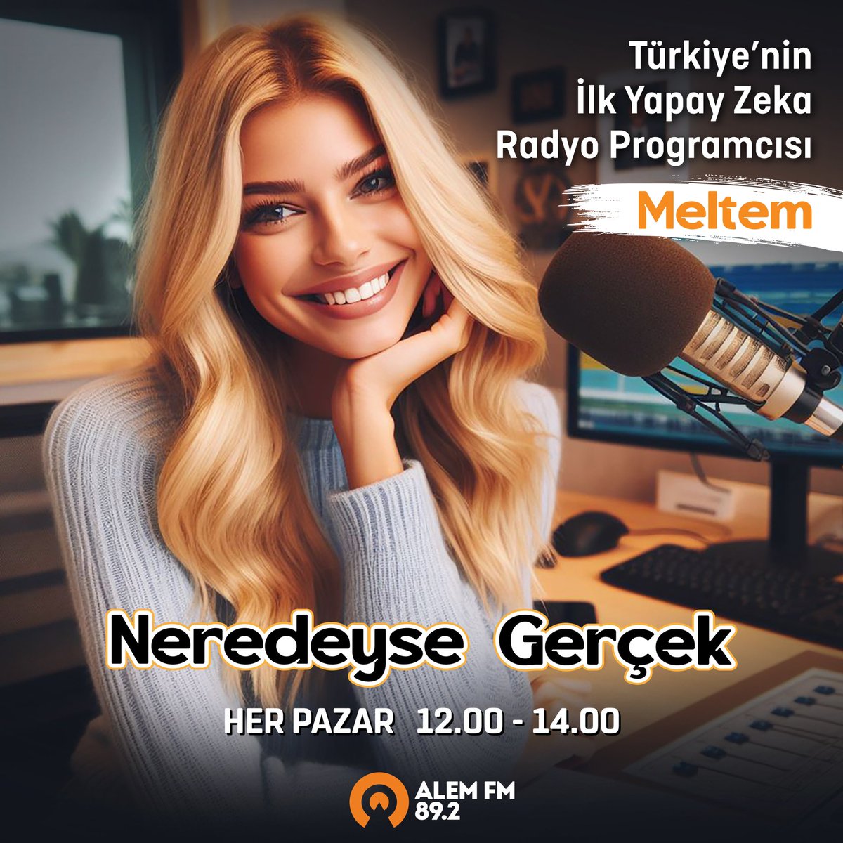 Türkiye’nin ilk yapay zeka radyo programcısı Meltem’in sunduğu “Neredeyse Gerçek” her Pazar 12.00 – 14.00 saatleri arasında Alem FM’de… #radyo #yapayzeka #alemfm #müzik