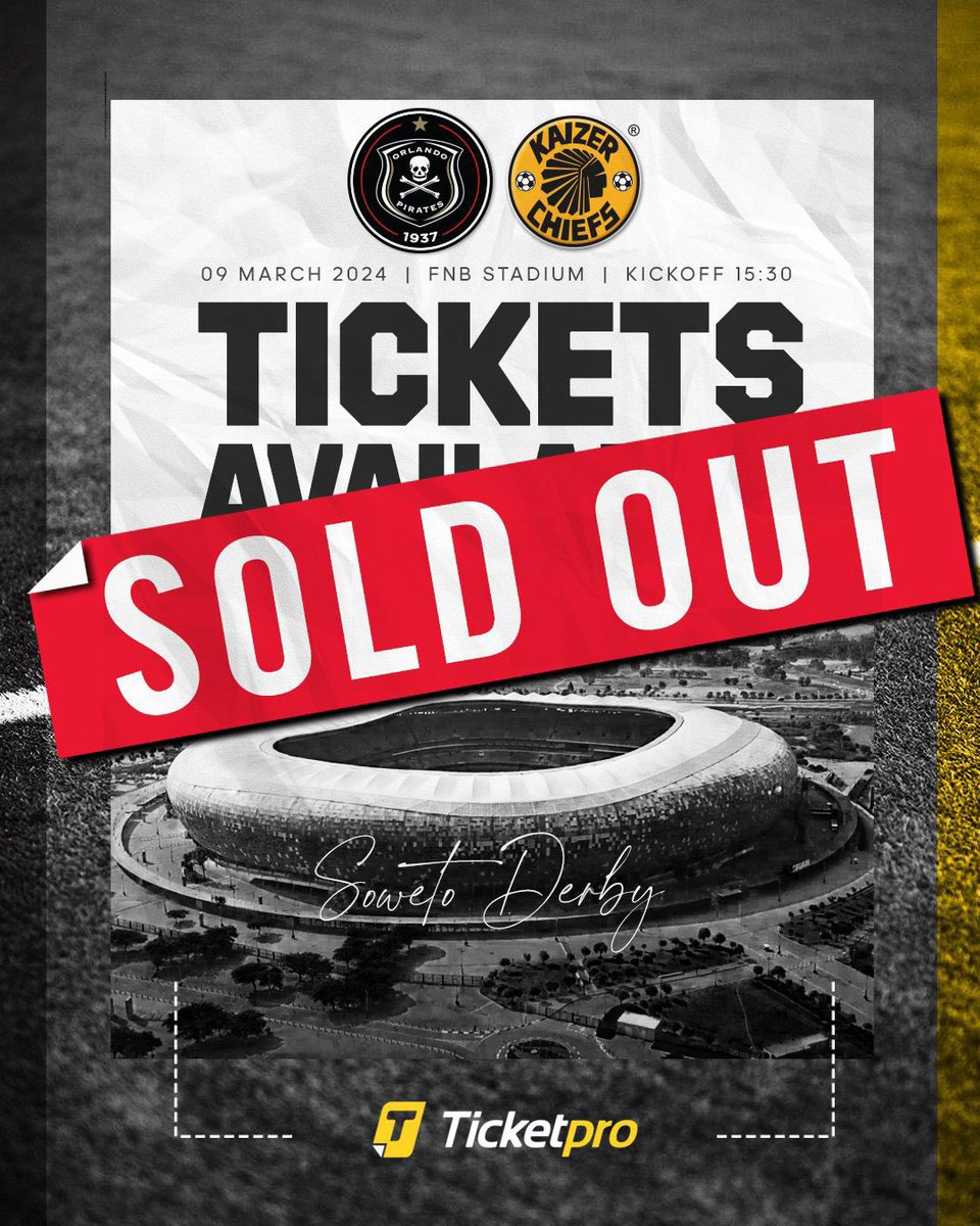 This just in, tickets to today’s much anticipated Soweto Derby are now SOLD OUT! Please enjoy the fixture responsibly #smsa #fnbstadium #sowetoderby #dstvprem