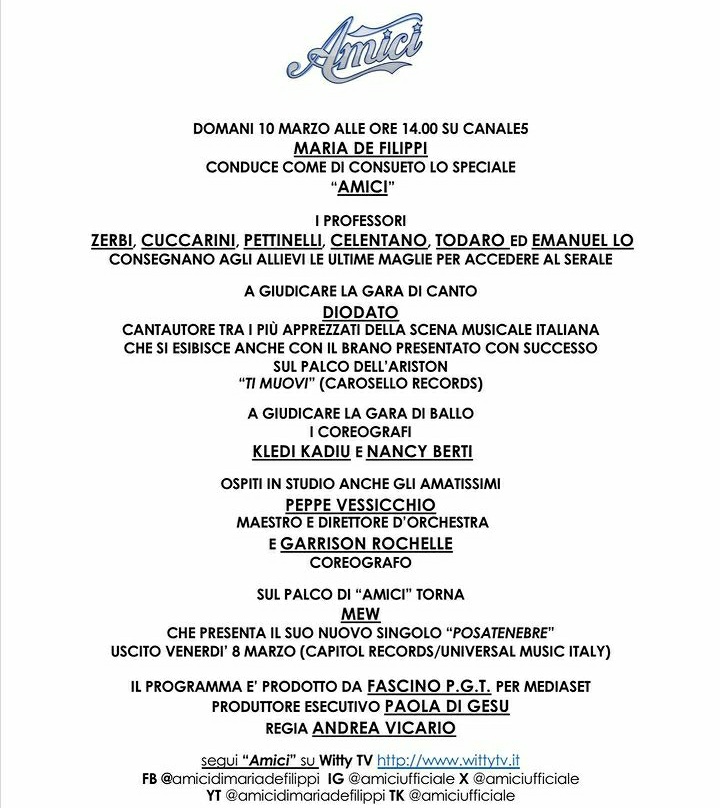 MikeleS03's tweet photo. Domani, alle 14:00, su #Canale5, #MariaDeFilippi conduce il ventitreesimo e ultimo pomeridiano di #Amici23.
Ospiti di puntata: #Diodato, #KlediKadiu, #NancyBerti, #PeppeVessicchio, #GarrisonRochelle e #Mew.
#AscoltiTv https://t.co/NUDKQubDfZ