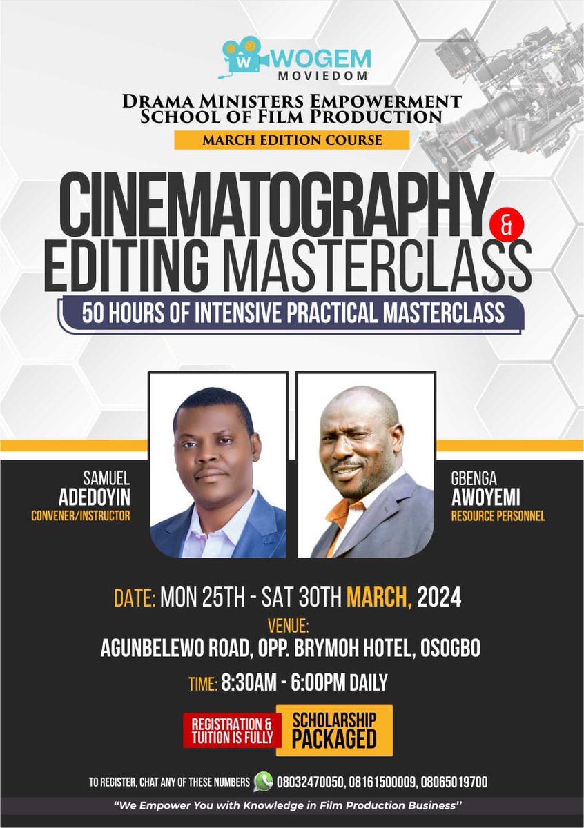 sadedo1's tweet photo. Right In The City of OSOGBO,
ENROL Yourself into the WOGEM School of Film Production. From March 25-30, 2024. Free Registration, Free Tuition, Practical Class at its Best. Truly it's free.
Chat now on WhatsApp to Register:  08032470050,  08065019700, 08038013095 https://t.co/WBkmrNk6Zq
