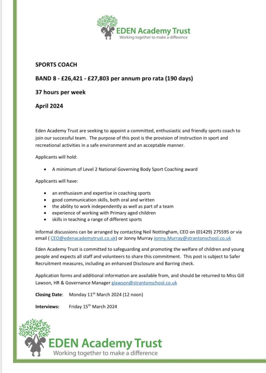 🔊 Closing date this Monday: amazing opportunity to work with the outstanding @eden_trust’s ground-breaking #PESSPA partnership (@collsport20). 🌟🌟🌟🌟🌟🌟🌟 @poolieneil @HartlepoolSGO @HartlepoolSport @TeesValleySport